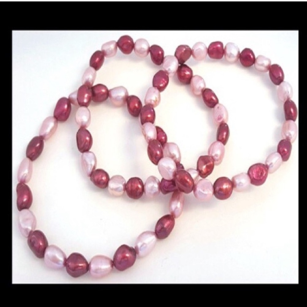 Cranberry and pink baroque freshwater pearl stretch bracelets set of 3